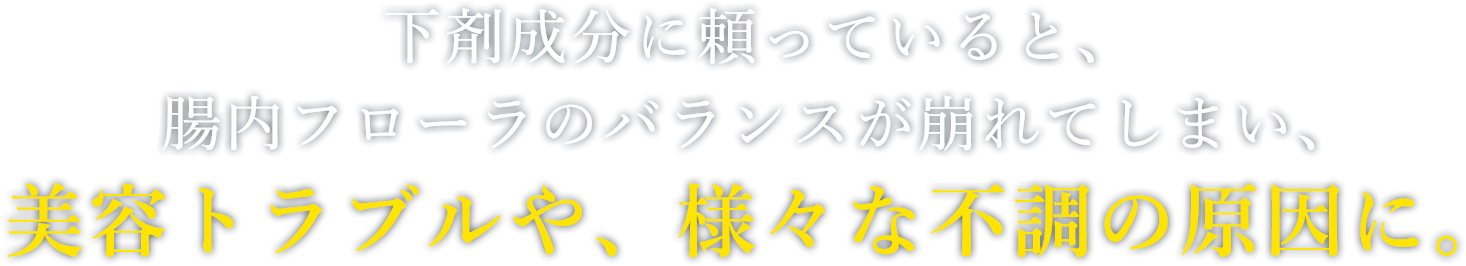 下剤成分に頼っていると、腸内フローラのバランスが崩れてしまい、美容トラブルや、様々な不調の原因に。